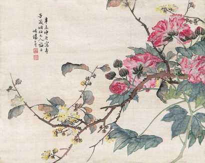 汤世澍 辛未（1871年）作 花卉 立轴